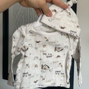 3/$12 Gerber Cream Farm-Print Long Sleeve Baby Top & Hat Set